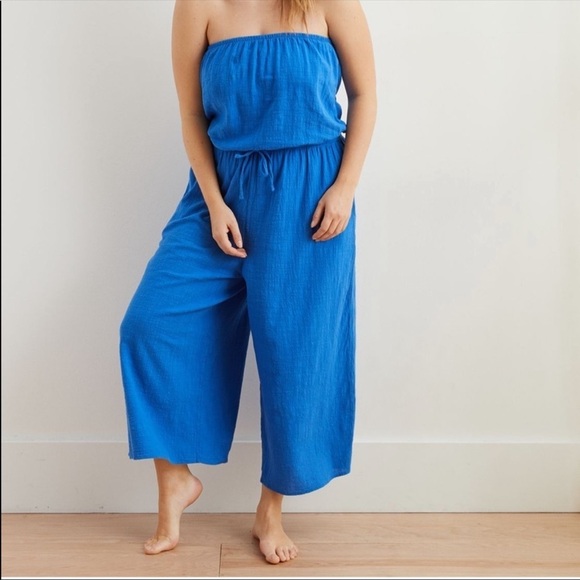 aerie Pants - Aerie by American Eagle Blue Jumpsuit Strapless Wide Leg Cotton Cropped Jumper